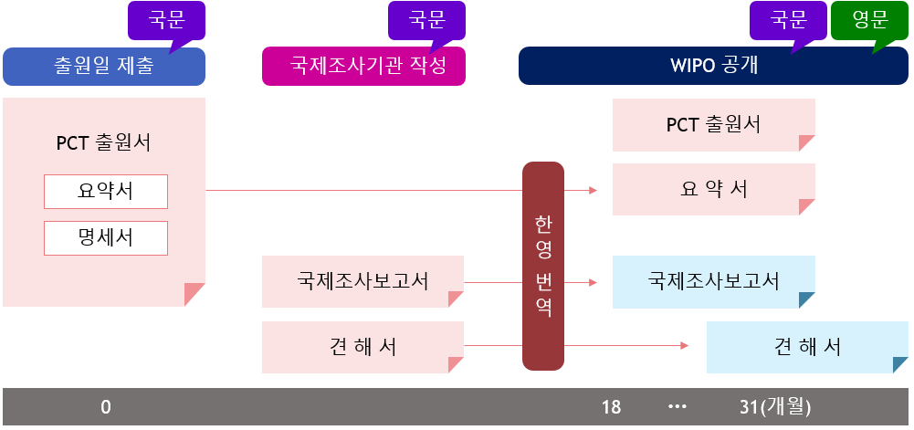 PCT출원서(요약서,명세서)를 국문으로 출원한 경우 국제조사기관에서 국제조사보고서와 견해서를 국문으로 작성하게 되고, WIPO에 의해 PCT출원서, 요약서, 국제조사보고서가 18개월 이후 국제 공개되고, 이후 31개월 째에 견해서가 공개된다